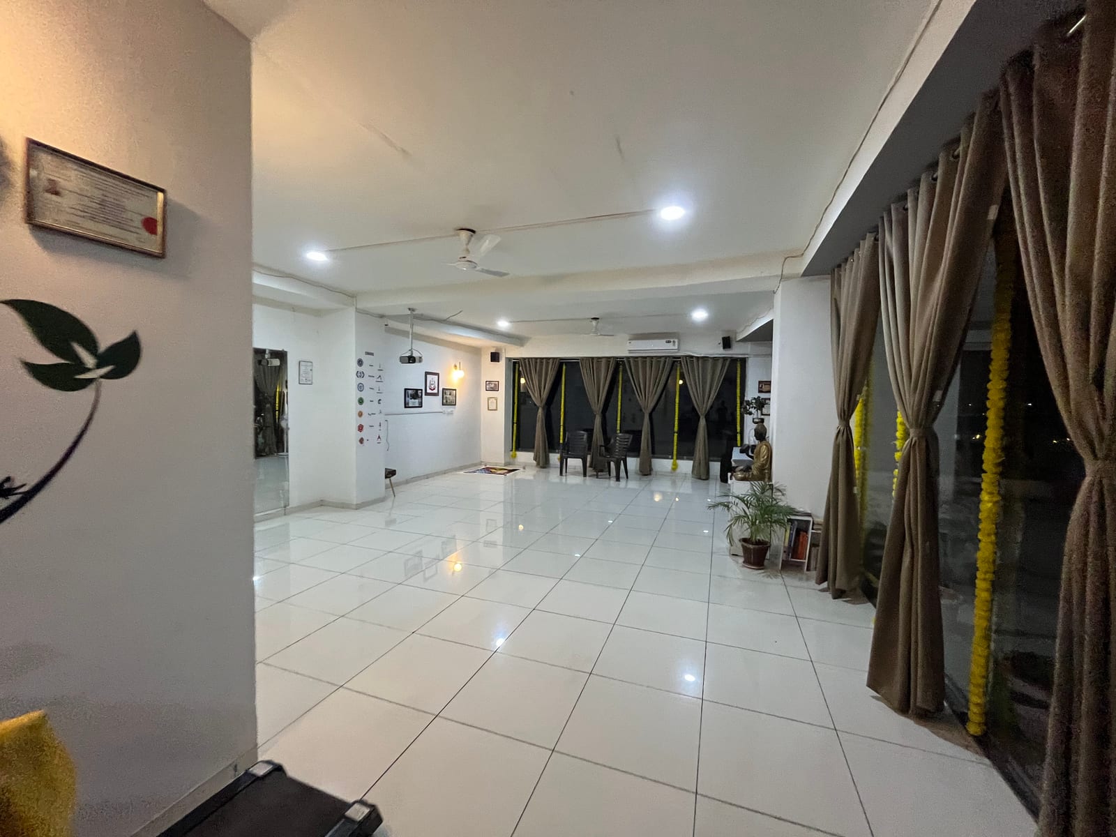 Main practice hall with mirrored wall, plants and natural light