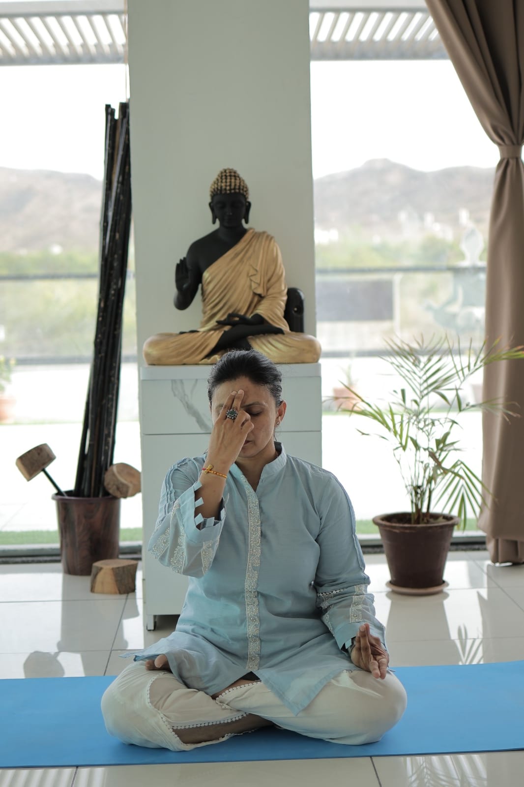 Purvi Soni seated in meditation at Vedang Yog Studio, Bhuj